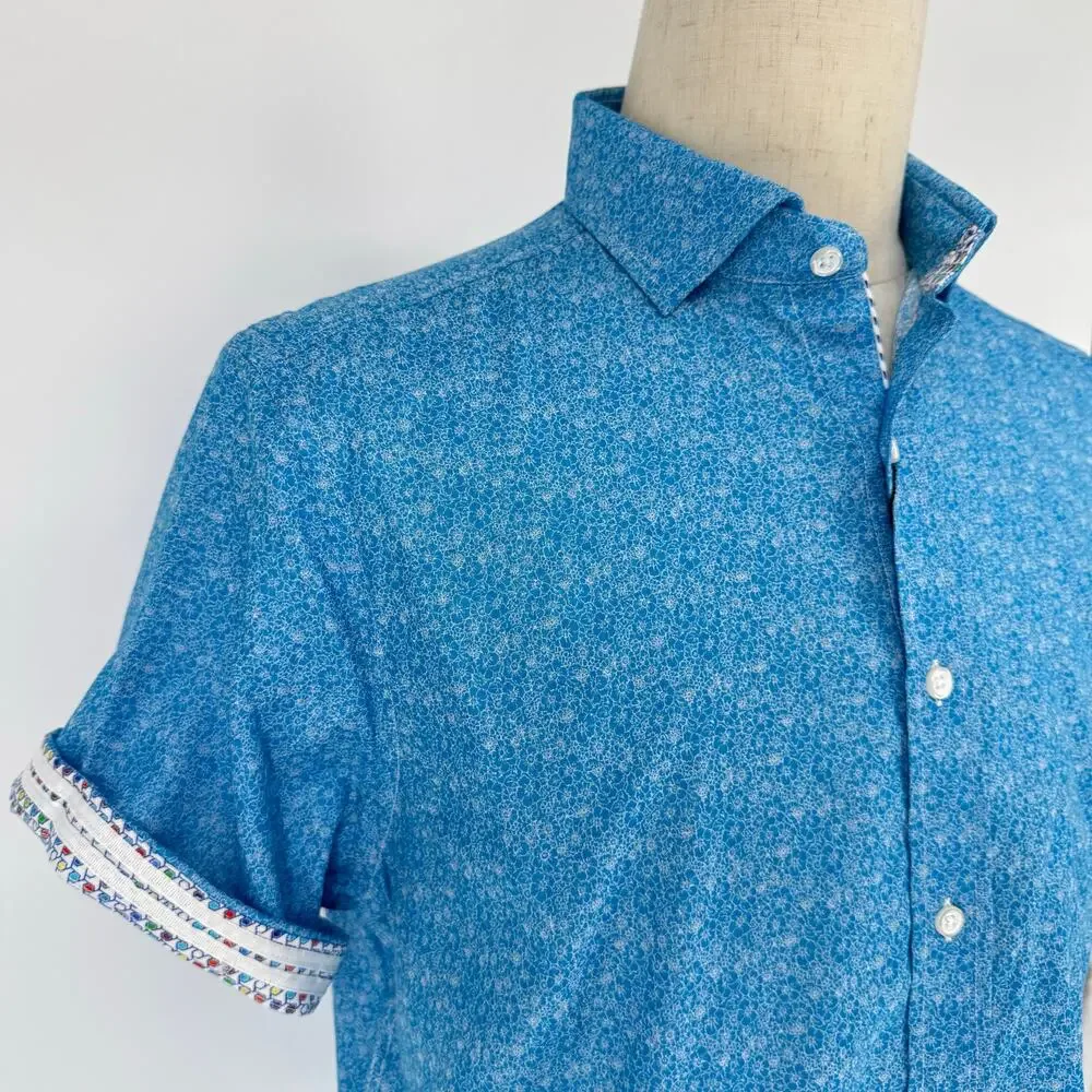 Robert Graham Button Front Short Sleeve Shirt CRAYMER Geometric Blue White M
